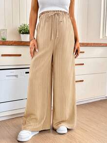 SHEIN Maternity Solid Color Adjustable Waist Casual Daily Wide Leg Pants - Khaki - View 3