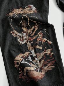 ROMWE MEN 男士刺繡圖案寬鬆牛仔短褲 - 黑色 - 查看 2