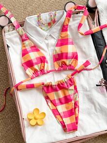 Swim Vcay Women's Plaid Print Triangle Cup Tie Halter Bow Sexy Tropical Bikini High Leg Two Pieces Swimwear Set Beach Party Pink Orange Summer - Multicolor - View 3