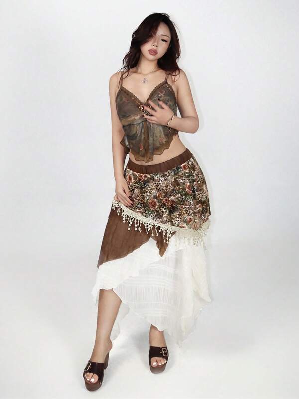 ROMWE Avant ROMWE X Isabelle Nguyen 女款復古森系鄉村風不對稱下擺花卉蕾絲拼接中長裙