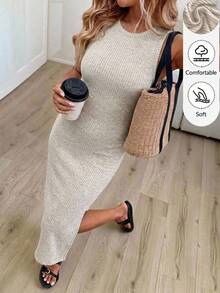 SHEIN LUNE Women's Textured Ribbed Fabric Mid-Length Bodycon Dress - Apricot - View 1