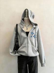 SHEIN EZwear 女款休閒開襟連帽衛衣，女款秋冬服飾，星星印花，夏季服飾，街頭風，適合日常通勤、約會、派對、秋冬、夏季、派對、婚禮、海灘、畢業典禮、優雅、休閒、外出、Y2K、音樂節穿搭、度假服飾、返校服飾 - 淺灰色 - 查看 8
