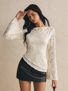 SHEIN Tall CURVE Kaos Asimetris Berbahan Jacquard Prancis Ukuran Besar dengan Hiasan Rumbai untuk Musim Gugur - Aprikot - View 6