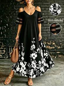 EMERY ROSE Plus Size Shoulder Strap Off-Shoulder Short Sleeve Dress Maxi Women Outfit - Multicolor - View 1