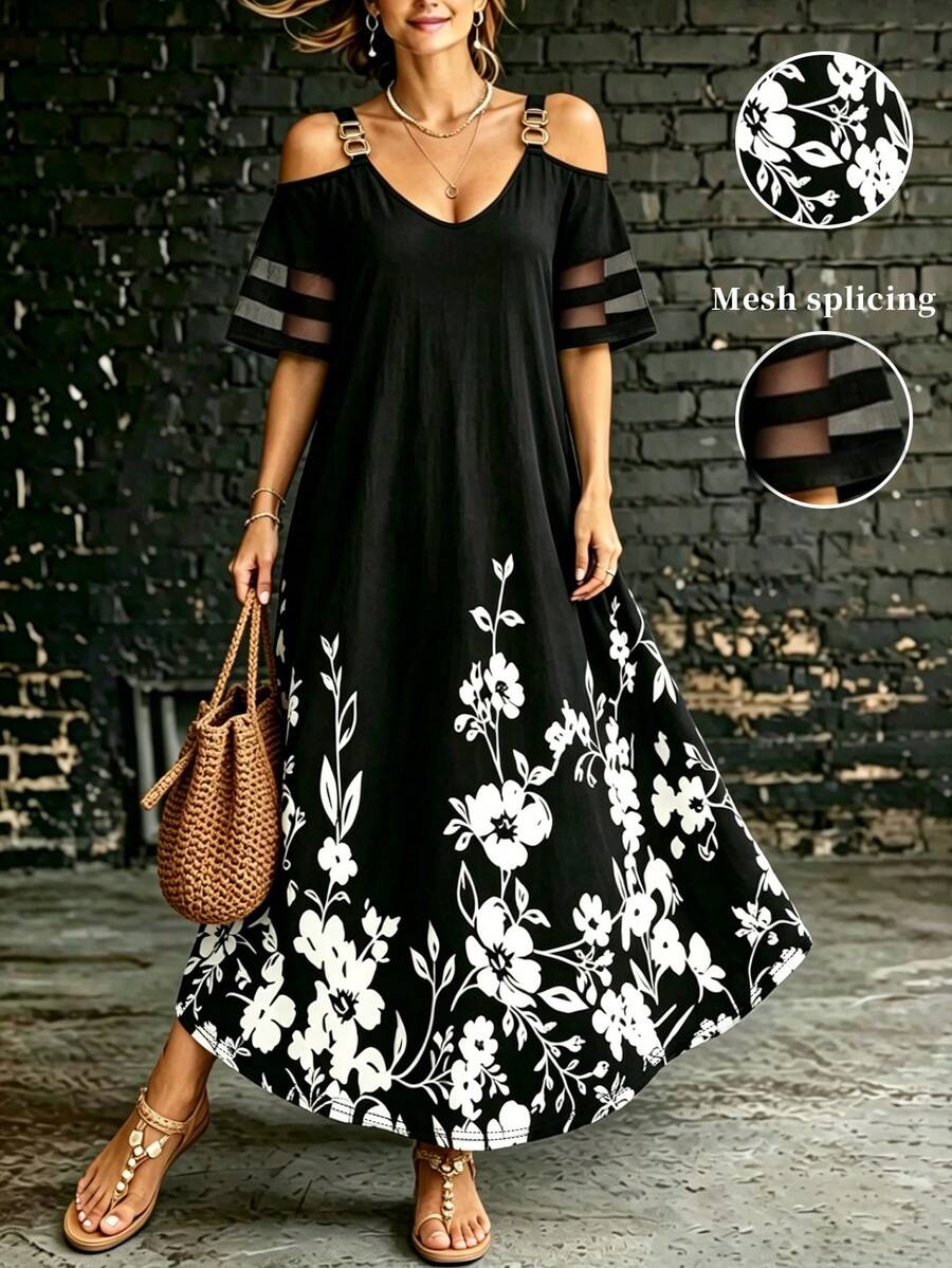 EMERY ROSE Plus Size Shoulder Strap Off-Shoulder Short Sleeve Dress Maxi Women Outfit - Multicolor - View 1
