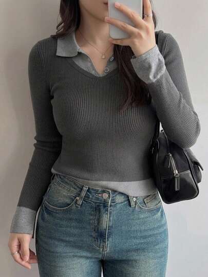 Dazy Plus Colorblock Fitted Long Sleeve Polo Collar Casual Vacation Base Layer Pullover Knit Sweater, Autumn/Winter