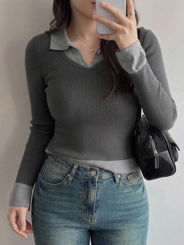 Dazy Plus Colorblock Fitted Long Sleeve Polo Collar Casual Vacation Base Layer Pullover Knit Sweater, Autumn/Winter