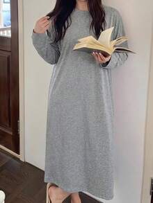 Dazy Plus 字母印花條紋寬鬆大尺碼女款T恤，春夏居家休閒睡裙 - 灰色 - 查看 5