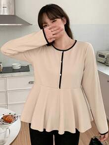 Dazy Plus Contrast Color Ribbed Long Sleeve Cinched Waist Loose Casual Slimming Versatile Spring Summer Autumn T-Shirt - Apricot - View 3