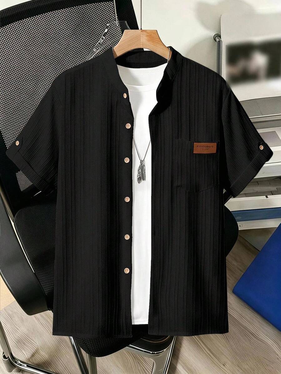 SHEIN Casual Textured Striped Fabric Stand Collar Shirt For Teenage Boys, Comfortable & Versatile For Daily, Commute, Vacation Wear - Black - View 1