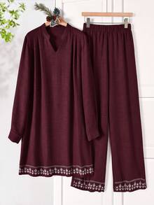 Rusticease 女款度假刺繡長袖上衣與寬鬆長褲兩件套，日常居家服，酒紅色，秋季休閒 - 酒紅色 - 查看 2