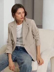 Aveloria Modichic 千鳥格翻領雙口袋西裝外套 無腰帶 工作服 - 杏色 - 查看 2
