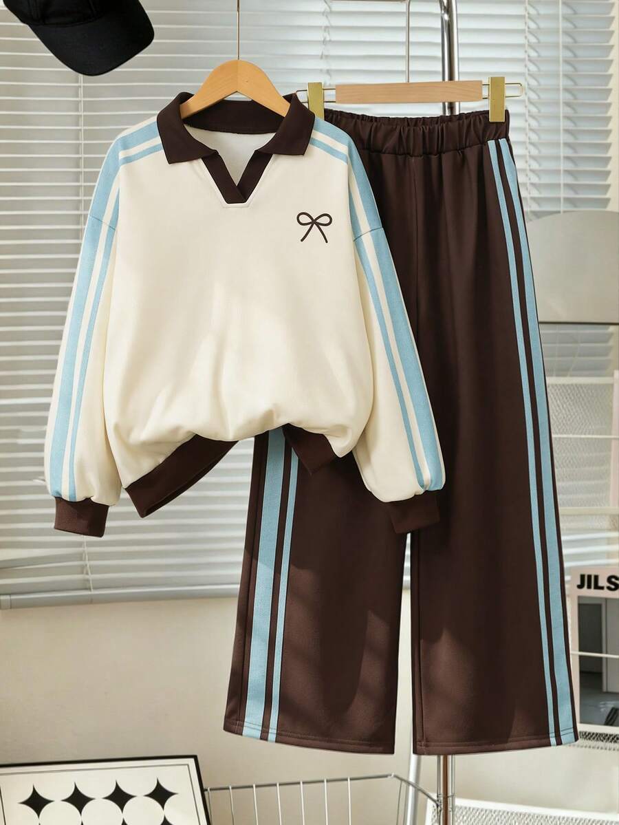 青少年女孩 2件套休閒風,適合上學與週末,寬鬆針織極簡風,秋季配色拼接蝴蝶結寬腿條紋鬆軟運動褲 - 彩色 - 查看 1