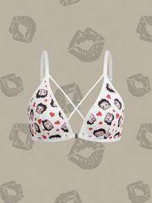 Betty Boop x SHEIN Bra Wanita Motif Kartun dengan Desain Silang dan Penutup Depan - Putih - View 4