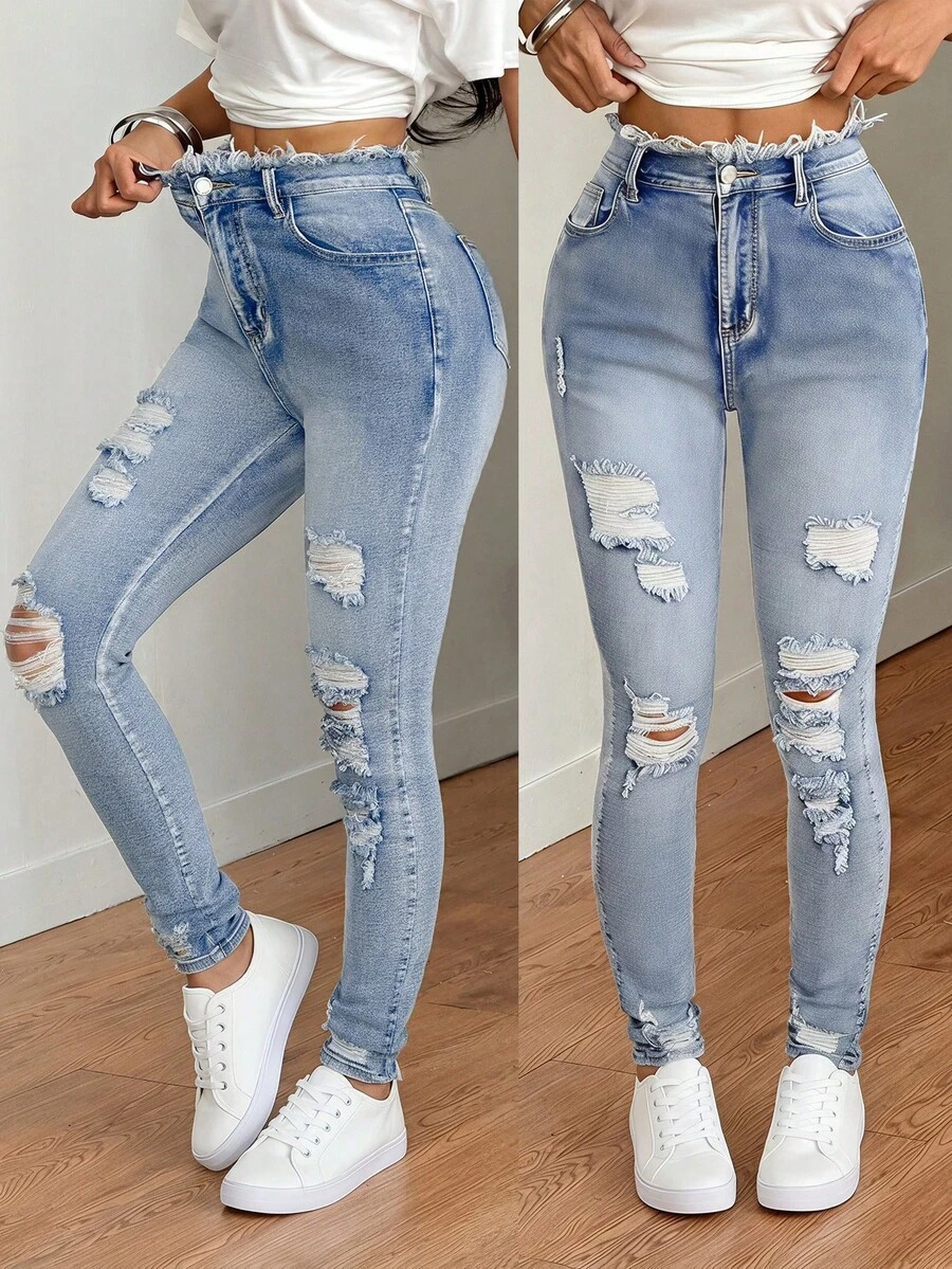 SHEIN Tall 春夏季女款休閒修身高彈力牛仔褲 藍色 高個女款牛仔褲 秋季 - 淺色水洗藍 - 查看 1