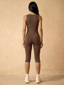 Silquee Women's Solid Color Tank Top Style Capri Length Sports Jumpsuit Gym Dark Brown Summer Athleisure Yoga Outfit Going Out Party Minimalist Activewear - Coffee Brown - View 2