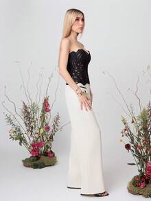 PRISCILA ESCOTO PRISCILA ESCOTO 波西米亚风撞色丝带纽扣宽松高腰阔腿裤，优雅时尚，适合春夏度假 - 杏色 - 查看 6