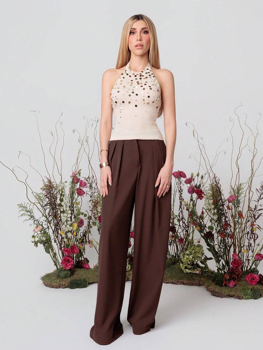 PRISCILA ESCOTO PRISCILA ESCOTO Tie Backless Sequin Knit Top, Sequin Embroidery Halter Top ,All Season, Y2K Top, Autumn Women's Clothing Winter Chic Spring Casual - Apricot - View 1