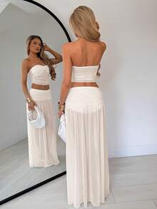 TRNVIE Sexy Minimalist Sexy Elegant Soft Feminine Young Lady Mesh Semi-Sheer Top With Side Waist Ruched Slimming Low Waist Full Skirt Flowy Dress Spring Summer Beach Vacation Afternoon Tea Date Candlelight Dinner Gentle Creamy Apricot Women's 2-Piece Set - Apricot - View 2