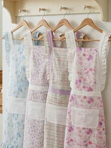 SHEIN Pack Of 1, Ladies Printed Floral Lace Apron With Pocket Flountain, Cross Strap Kitchen Cooking Cleaning Apron Daily Home - Multicolor - View 2