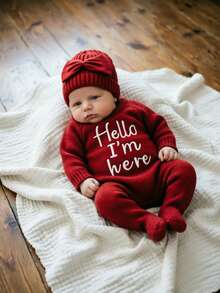SHEIN HELLO World 新生兒攝影服裝 紅色針織嬰兒連身褲 腳套式連身衣 出生公告 紅黑配色 秋季可愛款 - 紅色 - 查看 7