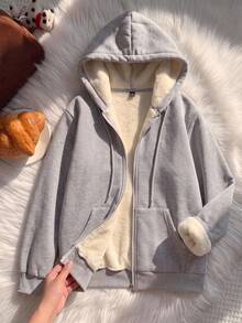 SHEIN EZwear 女款休閒抽繩寬鬆拉鍊連帽衛衣，適合日常穿著與返校季，秋季上衣，適用日常通勤、聚會、秋冬夏季、聖誕節、新年、感恩節、派對、婚禮、海灘、畢業典禮、優雅、外出、約會、通勤、情人節、度假、Y2K - 灰色 - 查看 3