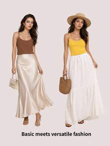 SHEIN BASICS 1件女款純色修身休閒細肩帶背心上衣 白色上衣 - 駝色 - 查看 16