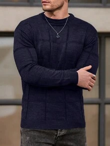 SHEIN Cottnline Men Patch Detailed Round Neck Regular Sweater - Navy Blue - View 6