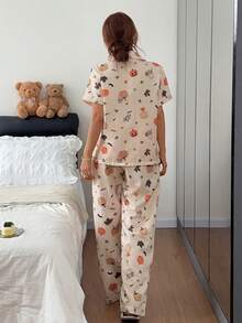 Dream Adore Halloween Pumpkin & Bat Print Striped Collar Casual Pajama Set, 2 Pieces - Apricot - View 3
