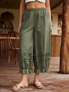 Lullawish Women's Bohemian Style 100% Cotton Ruffle Hem Romantic Loungewear Lantern Pants - Army Green - View 5