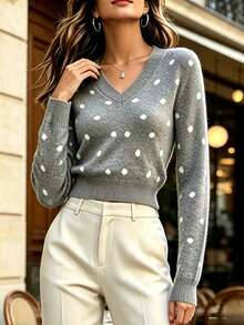 Cévolie Light Grey Polka Dot Elegant French Casual Commuter Girl Lady Style Knit Pullover Sweater Office Everyday Daytime Brunch Work Fall - Grey - View 5
