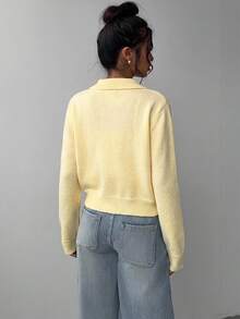 SHEIN BASICS 休閒純色長袖寬鬆短版女款開襟針織衫 秋季外套 返校季 校園風 淡黃色 適合小學教師 - 黃色 - 查看 9
