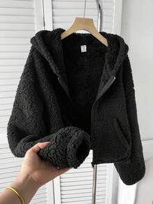 SHEIN 青少年女孩秋冬新款黑色雙面抓絨短款寬鬆休閒連帽外套 - 黑色 - 查看 6