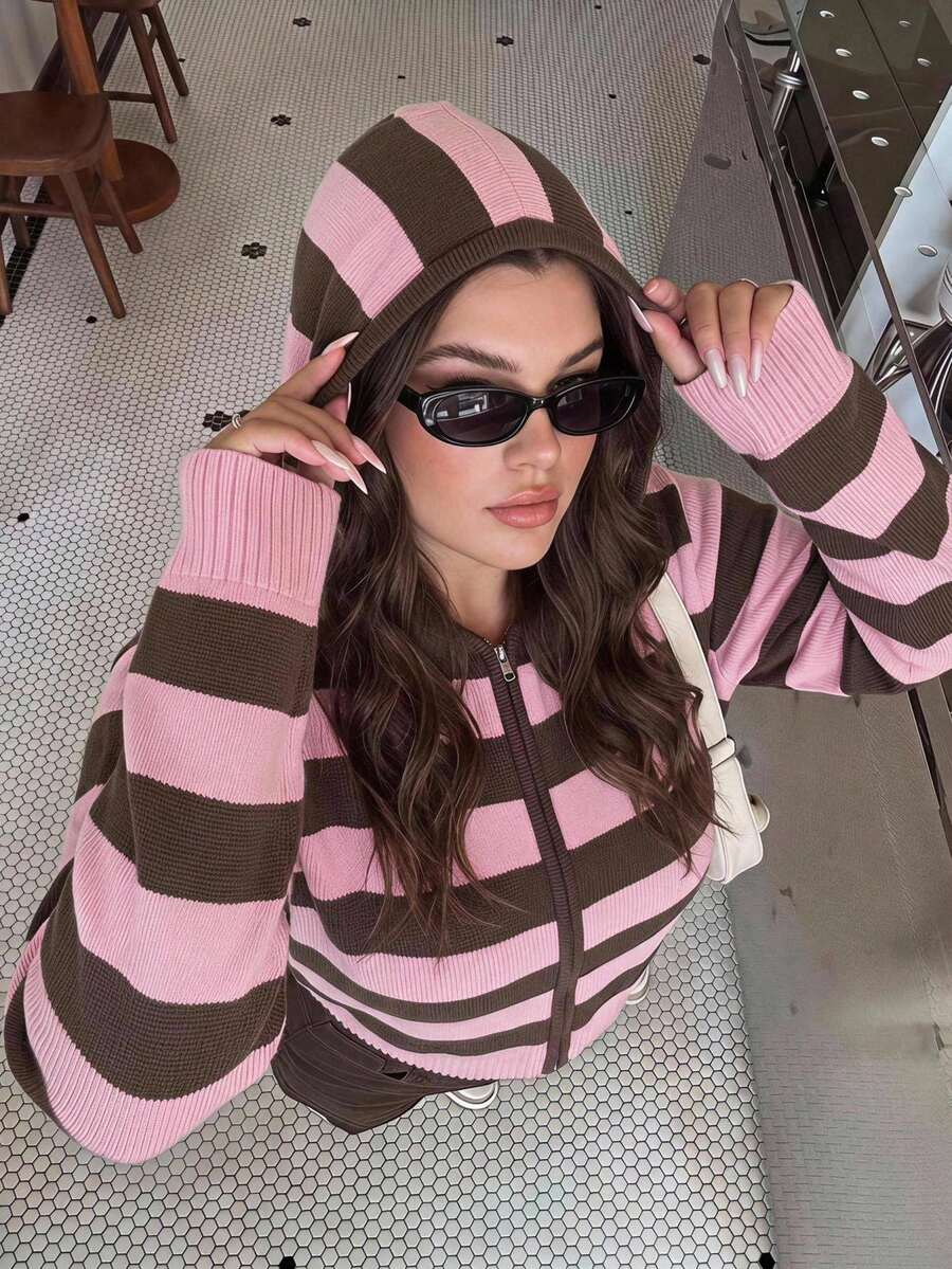 Solavibe Plus Size Light Pink Zip‑Up Hooded Knit Cardigan, Campus Daily Wear, Autumn, Back To School Formal Date Night Going Out Y2k 90s 1960s - Pink - View 1