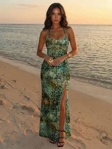 Aloruh Women's Leopard Print Long Dress With Spaghetti Straps, Minimalist Fashion, Suitable For Beach Vacation And Elegant Date - Green - View 2