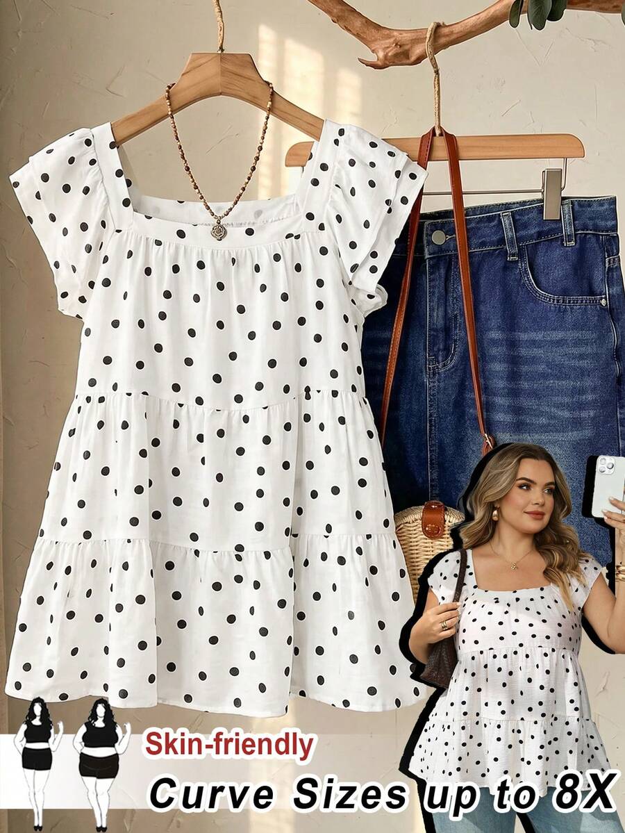 SHEIN CURVE+ Plus Size French Polka Dot Print Square Neck Ruffle Hem Blouse Vacation, Fall Winter 2026 22W - Black - View 1