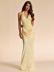SHEIN BAE Spring Summer Pale Yellow Halter V-Neck Lace Patchwork Cinched Waist Ruched Draped Maxi Dress Gentle Sexy Casual Style For Beach Wedding Party Formal - Light Yellow - View 5