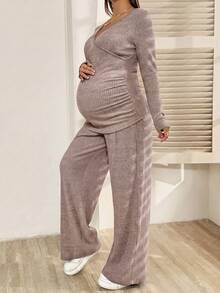SHEIN 孕婦純色長袖T恤與長褲休閒哺乳兩件套 秋季 - 藕粉色 - 查看 7