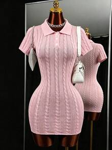 Mistrie 女款粉色羅紋麻花編織 Polo 領鈕扣短袖修身短版針織洋裝 英倫風休閒性感甜美可愛校園秋季穿搭 - 粉色 - 查看 2