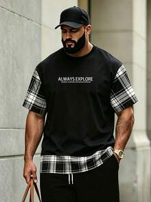 Manfinity Homme Men's Plus Size Fashion Plaid Patchwork T-Shirt - Black - View 3