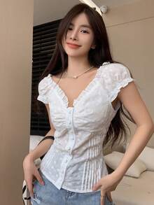 SHEIN X ITS MICH Joudiya 荷叶边泡泡袖纽扣前襟衬衫度假装女装波西米亚风 - 白色 - 查看 2