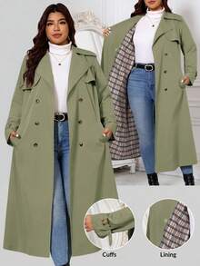 SHEIN Clasi Plus Size Fashion Elegant Double-Breasted Pocket Long Sleeve Trench Coat - Mint Green - View 8