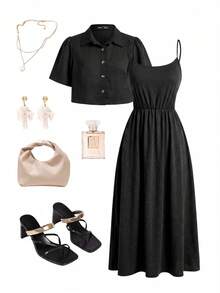 SHEIN Clasi Plus Size Solid Color Shirt & Cami Dress 2 Pieces Set - Black - View 4