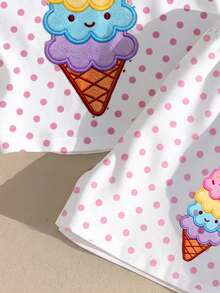 Ensemble T-shirt à col rond et manches courtes & leggings ajustés pour bébé fille, style minimaliste décontracté mignon, motif glace d'été, imprimé pois rose, style crème douce, style vacances, convient pour le printemps/été, graphique, confortable, ensembles de tenues pour filles, Y2K, Kawaii - Multicolore - Voir 3