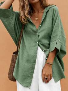 EMERY ROSE Plus-Size Women's Spring/Summer Casual, Simple, And Versatile Resort-Style Khaki Solid-Color Loose-Fit Drop-Shoulder Collared Shirt-Perfect For Spring And Summer - Green - View 3