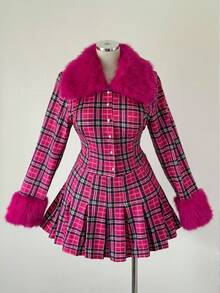 Sunspun Y2K Girly Style Furry Collar Pleated Skirt Cute Minimalist Sexy Mini Skirt 2 Pieces Set Fall - Pink - View 3