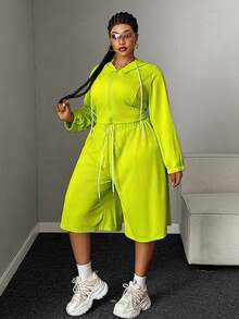 Mawevolt Plus Size Women's Fluorescent Green Minimalist Casual Set Hoodie Zip-Up Loose Relaxed Wide-Leg Capri Pants Drawstring Two Pieces Set Fall - Green - View 6