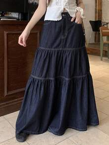 DAZY Women's Long Vacation Style Washed Denim Skirt Cute Tops - Dark Wash - View 1