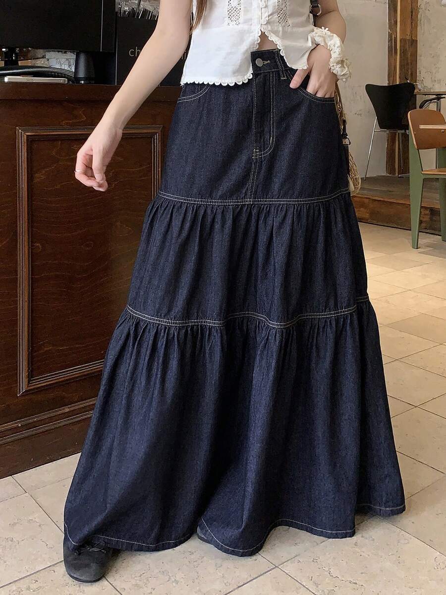 DAZY Women's Long Vacation Style Washed Denim Skirt Cute Tops - Dark Wash - View 1