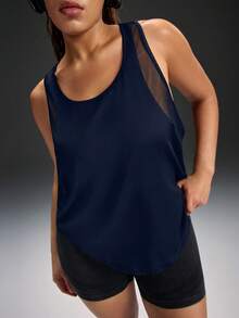 Powerista Women's Plus Size Summer And Spring Navy Blue Color Sleeveless Athletic Performance Tee With Run It Red Color Graphic And Breathable Mesh - Navy Blue - View 7